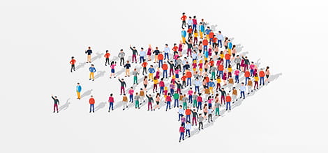 Crowd of people forming an arrow